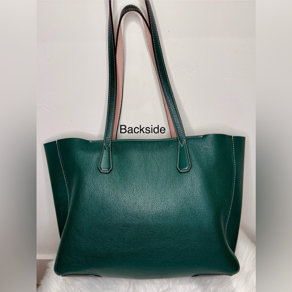 Tory Burch Perry Pebbled Leather in Green/Pink Reversible Laptop Bag Tote EUC - Picture 6 of 16